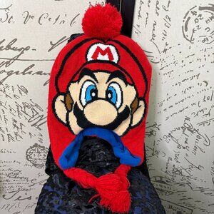Target Super Mario Kids Earflap Knit Beanie Cap with Braided Tassels & Pom Poms